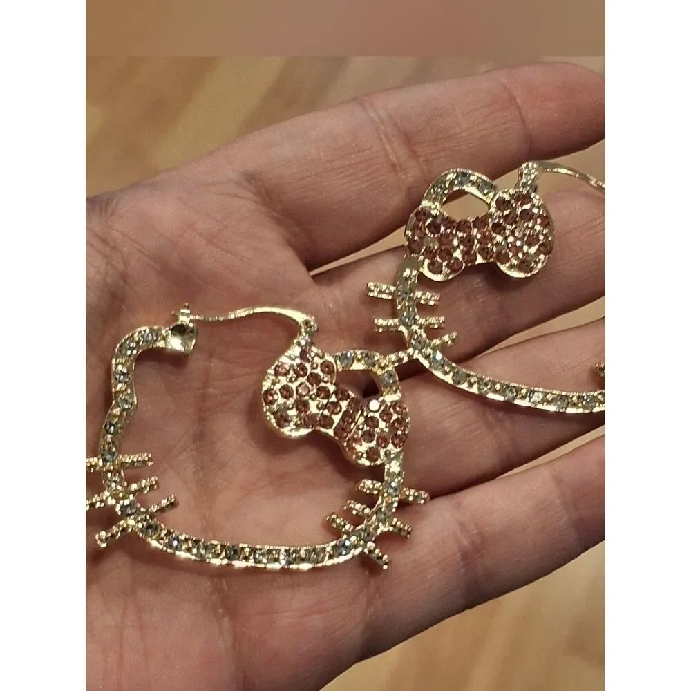 Gold Hello Kitty Rhinestone Hoop Earrings